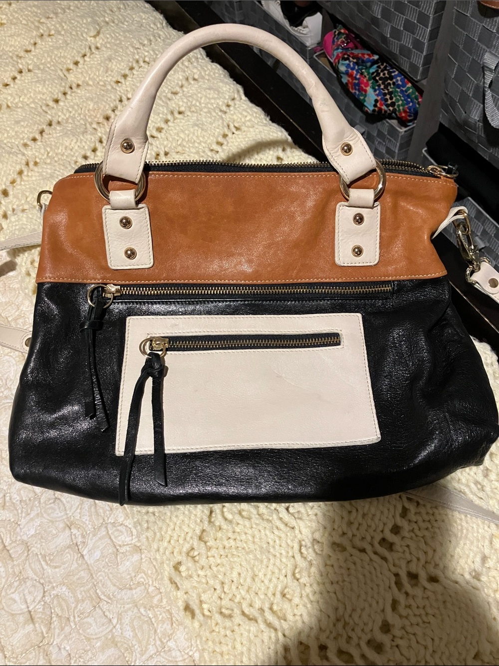 Pietro Alessandro Women’s Colorblock Satchel Bag - Black, Tan & Cream